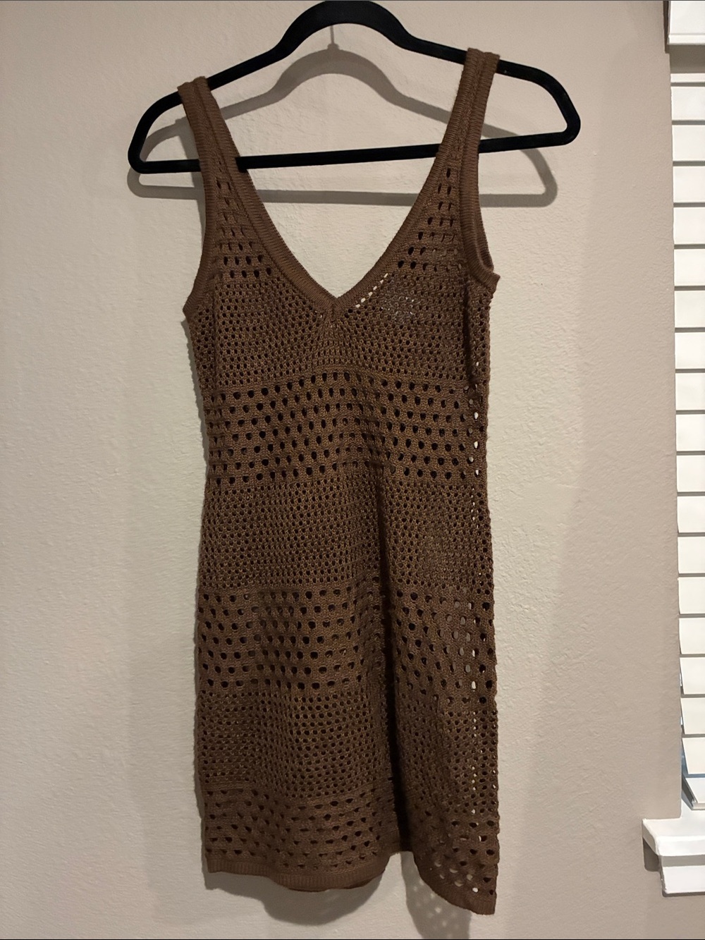 Shade & Shore Brown Crochet V‑Neck Swim Coverup Dress